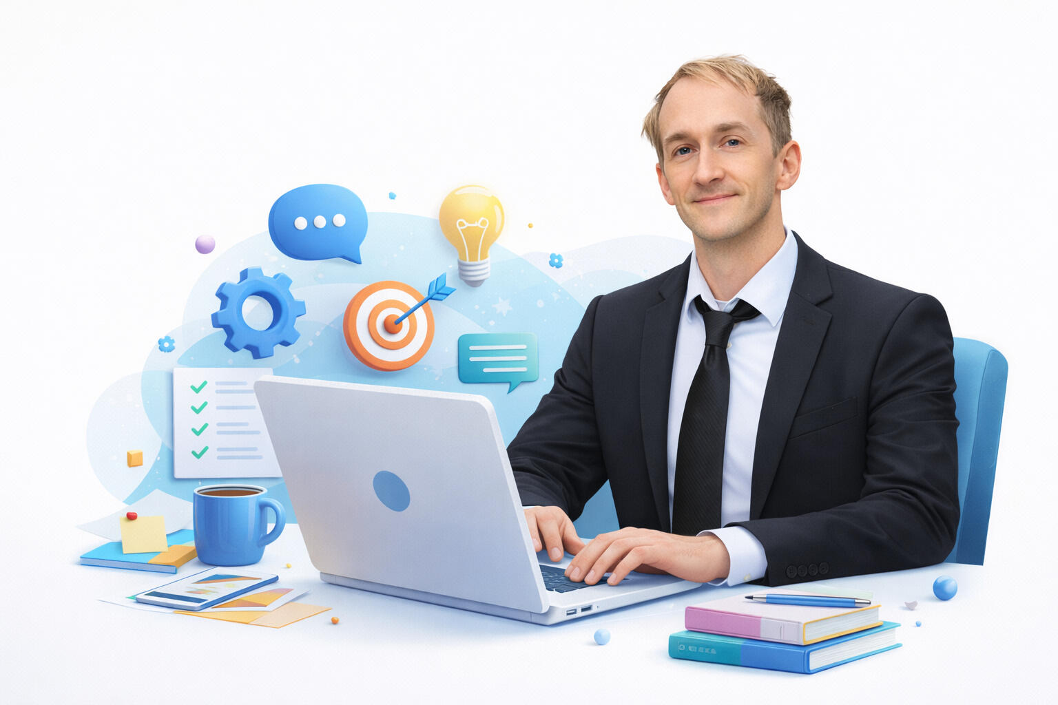 About Image of man in suit with computer